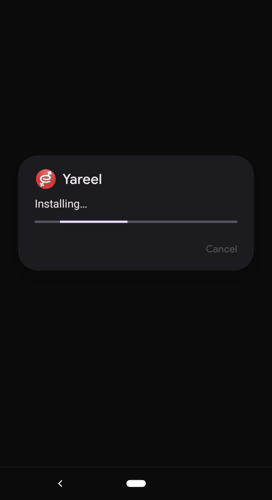 Screenshot shows intalling of Yareel APK download file on Android phone.