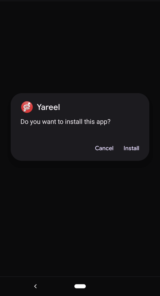 Screenshot asking for confirmation to install Yareel 3d sex gam app.