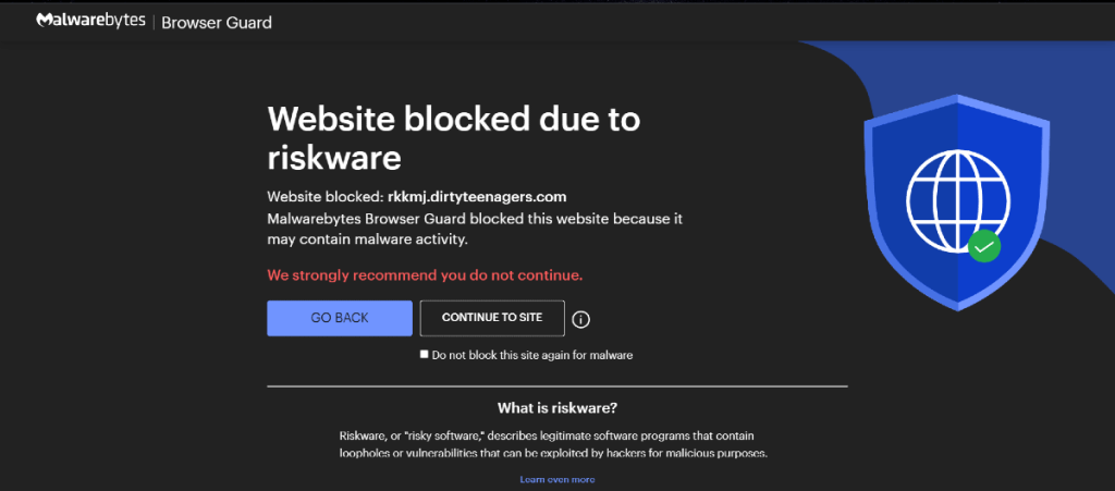 Malwarebytes Sex Emulator 3D sex simulator warning "Website blocked due to riskware"